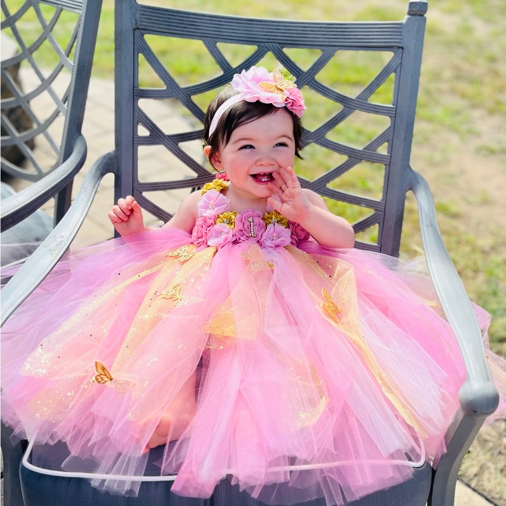 Pink and Gold Tulle Flower Girl Dress for Kids